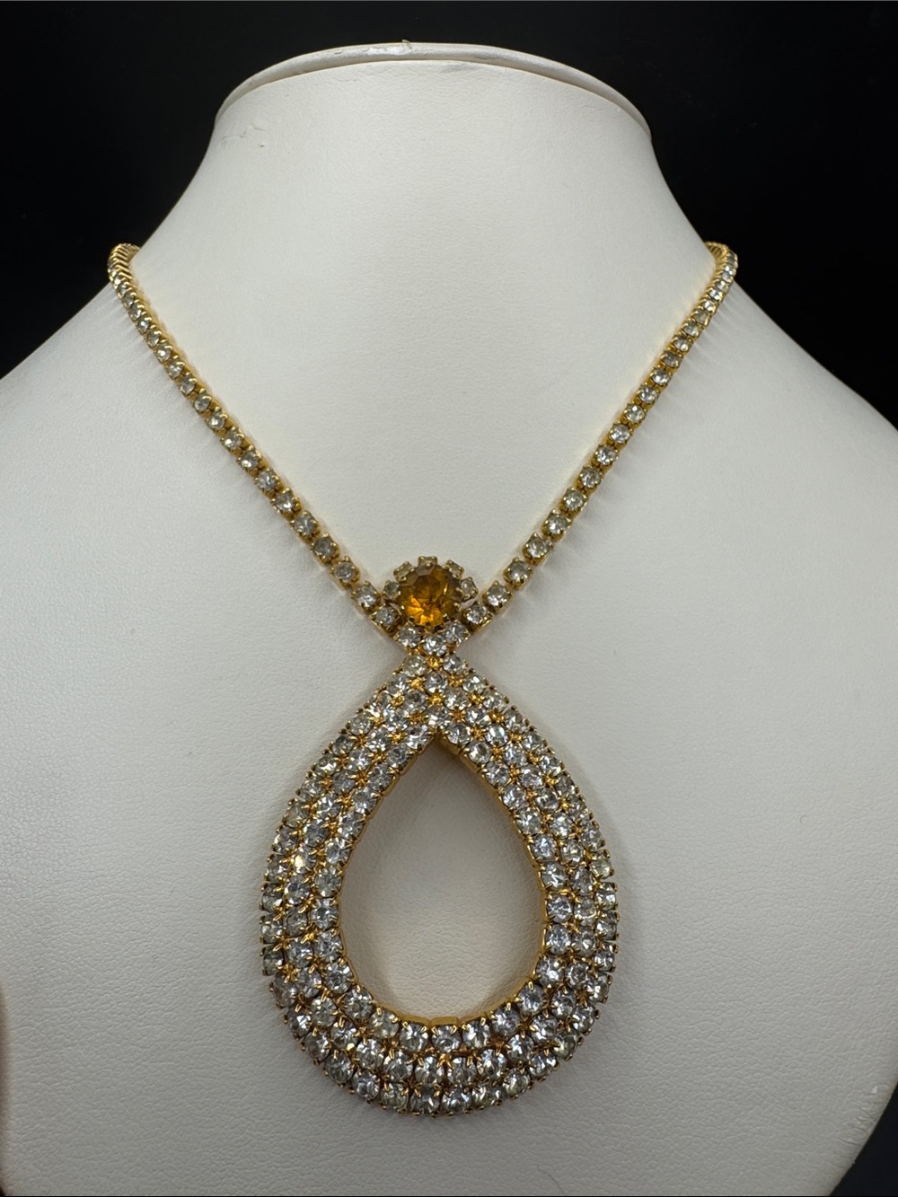Les Bernard Gold-Tone Crystal Teardrop Pendant Necklace - Amber Accent 16 inches